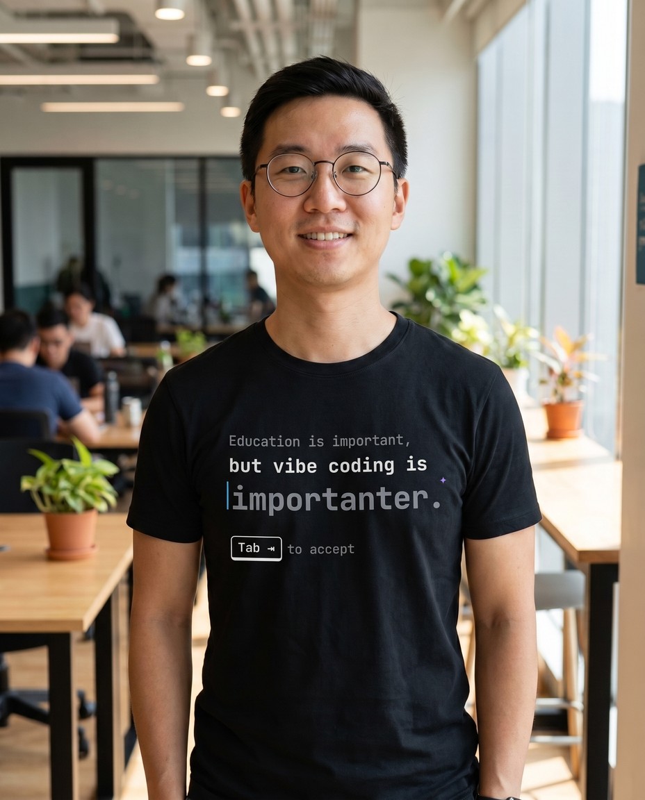 Man in a coworking space wearing a black tee with AI ghost text suggesting 'importanter' with a Tab to accept key on the chest