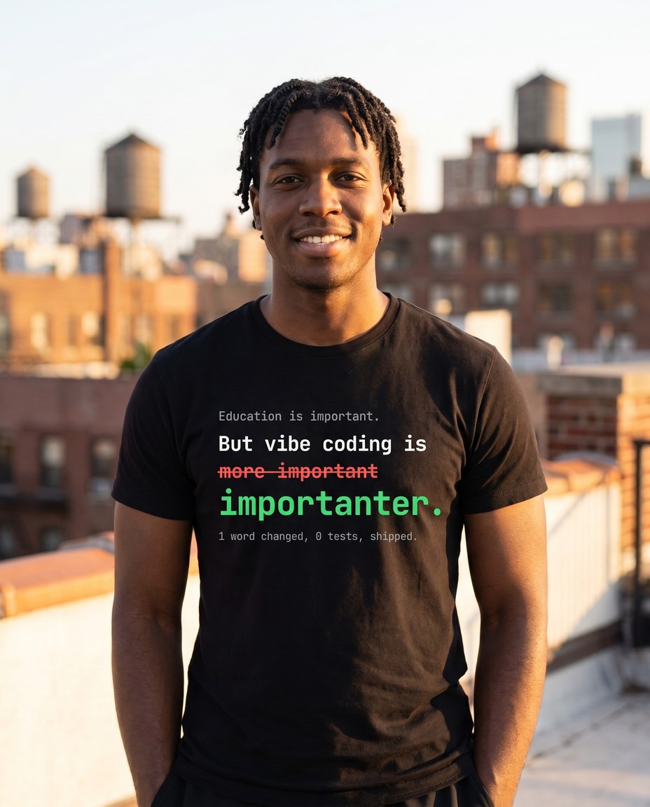 Man on a city rooftop wearing a black tee with 'more important' struck out in red and 'importanter' added in green on the chest