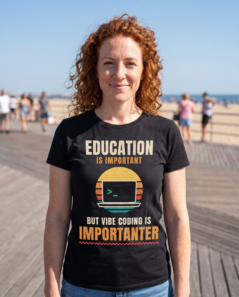 Woman on a beach boardwalk wearing a black tee with a retro sunset, a laptop with a terminal prompt, and IMPORTANTER with a red squiggle on the chest
