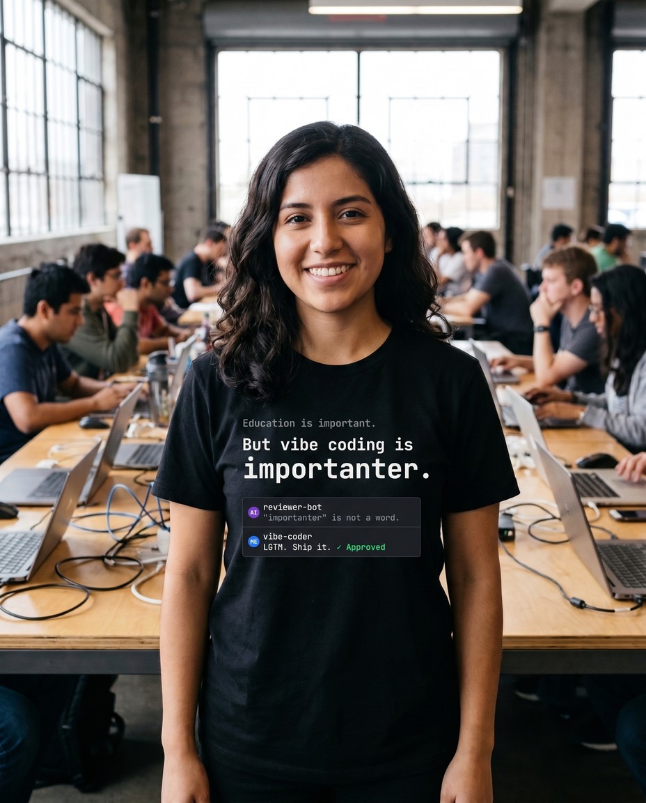 Woman at a hackathon wearing a black tee with a code review where the bot rejects 'importanter' and the vibe coder approves it on the chest