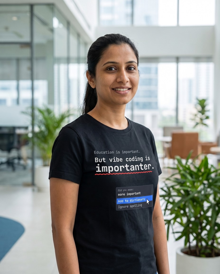 Woman in a bright office wearing a black tee with a red spell-check squiggle under 'importanter' and an Add to Dictionary menu on the chest